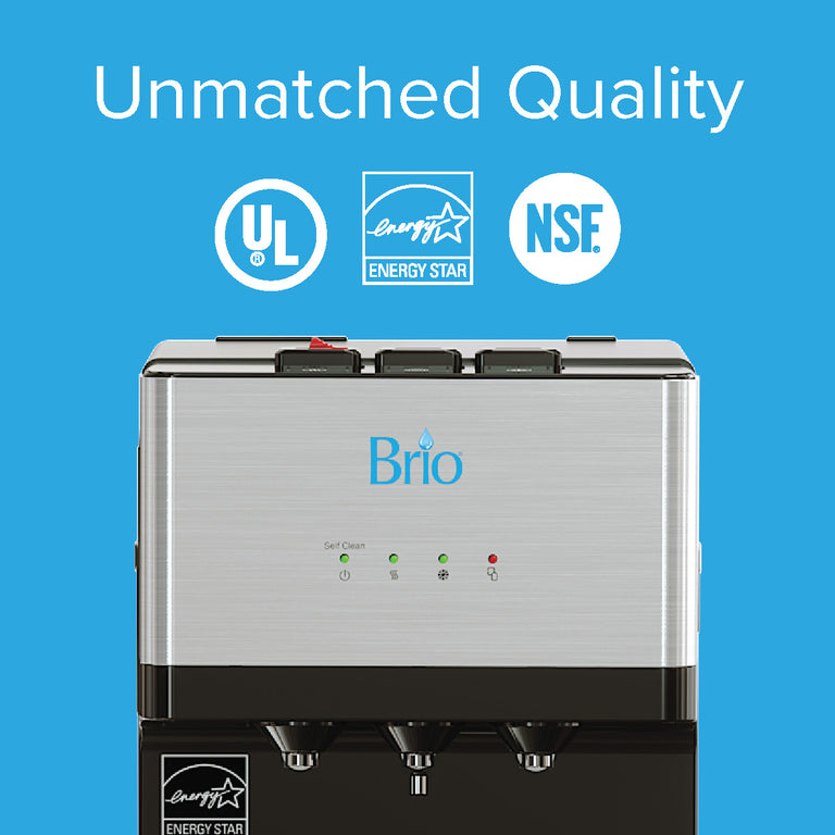 A Brio water dispenser with certification logos for UL, Energy Star, and NSF, set against a blue background with the text Unmatched Quality above the unit.
